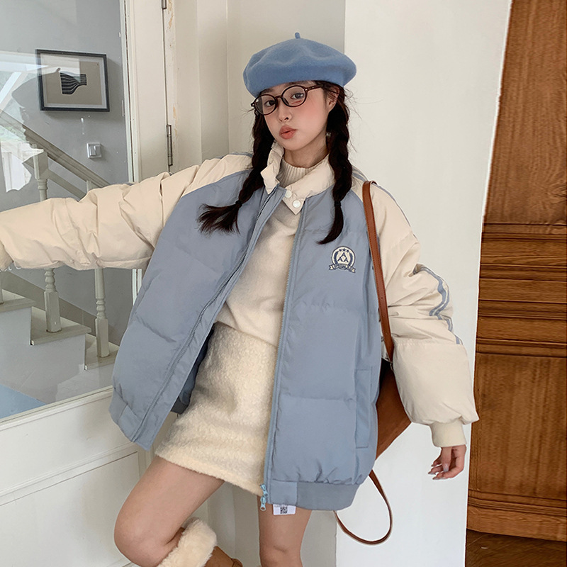 2025 transfronterizo este invierno nuevo hip-hop retro bordado marcado color de algodón pareja abrigo caliente americano suelto