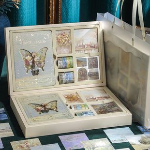 A Complete Set of Retro Oil Painting Butterfly Cut Out Gift Boxes, High-Looking Hot Stamping Handbooks and Notebooks for Girls