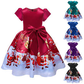现货跨境外贸欧美亚马逊儿童印花圣诞礼服蝴蝶结公主裙礼服PP2823