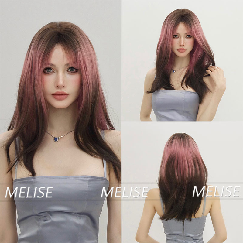 Cross-border New Fashion Women's Pink Gradient Brown Straight Bangs Medium and Long Straight Hair Daily Natural Fluffy European and American Style Wig