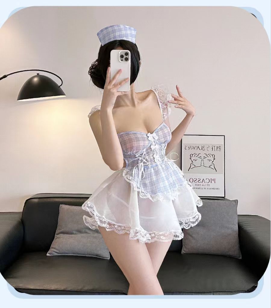 Lace Maid Costume Lingerie Set with Sling Dress and White Butterfly Stockings — detail image 8