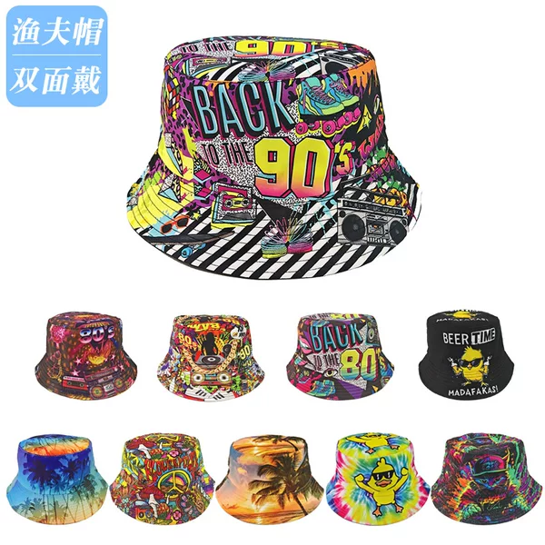 Cross-Border Graffiti Fisherman Hat, Reversible, Unisex, Outdoor Sun Protection Hat, Versatile Hip-Hop Printed Bucket Hat