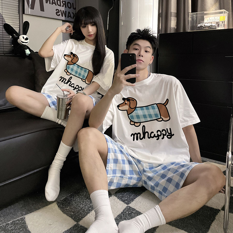 2025 nueva pareja de perro de salchicha pijama de verano de algodón dibujos animados lindos pantalones cortos de mangas cortas ropa para el hogar de hombres