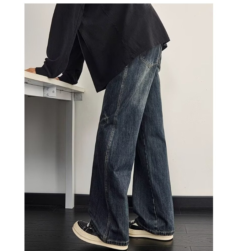 Men's Washed Vintage High Street Jeans Distressed Denim Loose Straight-Leg Fit Streetwear Style Blue S-3XL_mkmklike.com