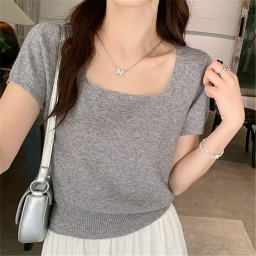 New summer thin short sleeve knit shirt women's short square neck T-shirt thin base shirt
