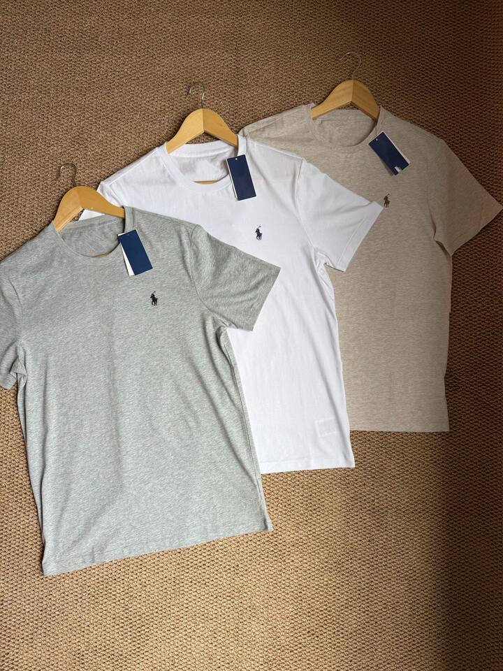 Áo thun nam cổ tròn tay ngắn thêu hình ngựa nhỏ, form rộng, chất cotton mỏng nhẹ — Màu trắng, Màu xanh tím than, Màu yến mạch, màu xám