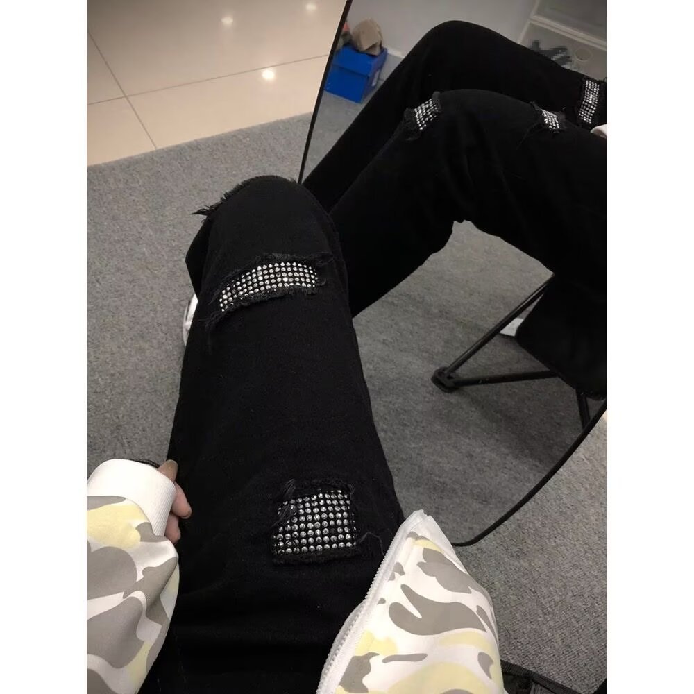 New Casual High Street Ripped Jeans Unisex Rhinestone Slim Straight Pants Spring Autumn Mid-Waist Regular_mkmklike.com