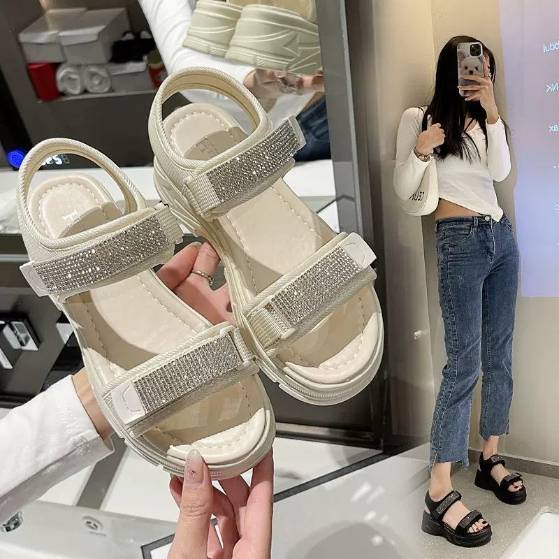 Женские босоножки на липучке с камнями, лето 2025, новые пляжные туфли на толстой платформе, универсальные, легкие, повседневные, модные босоножки.