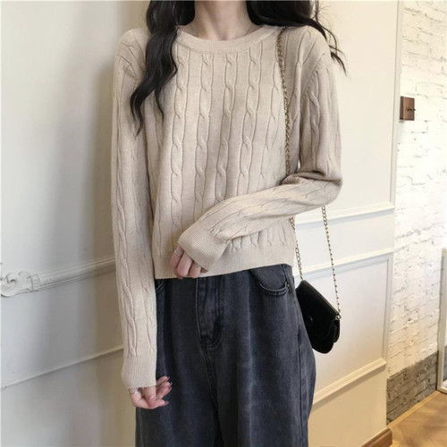 Autumn/Winter White Inner Layer Crew Neck Top 2025 New Korean Style Loose Slimming Broom Flower Long Sleeve Knit Top for Women