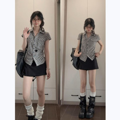 复古格子短袖衬衫上衣女夏季2025新款小众设计感修身显瘦短款衬衣