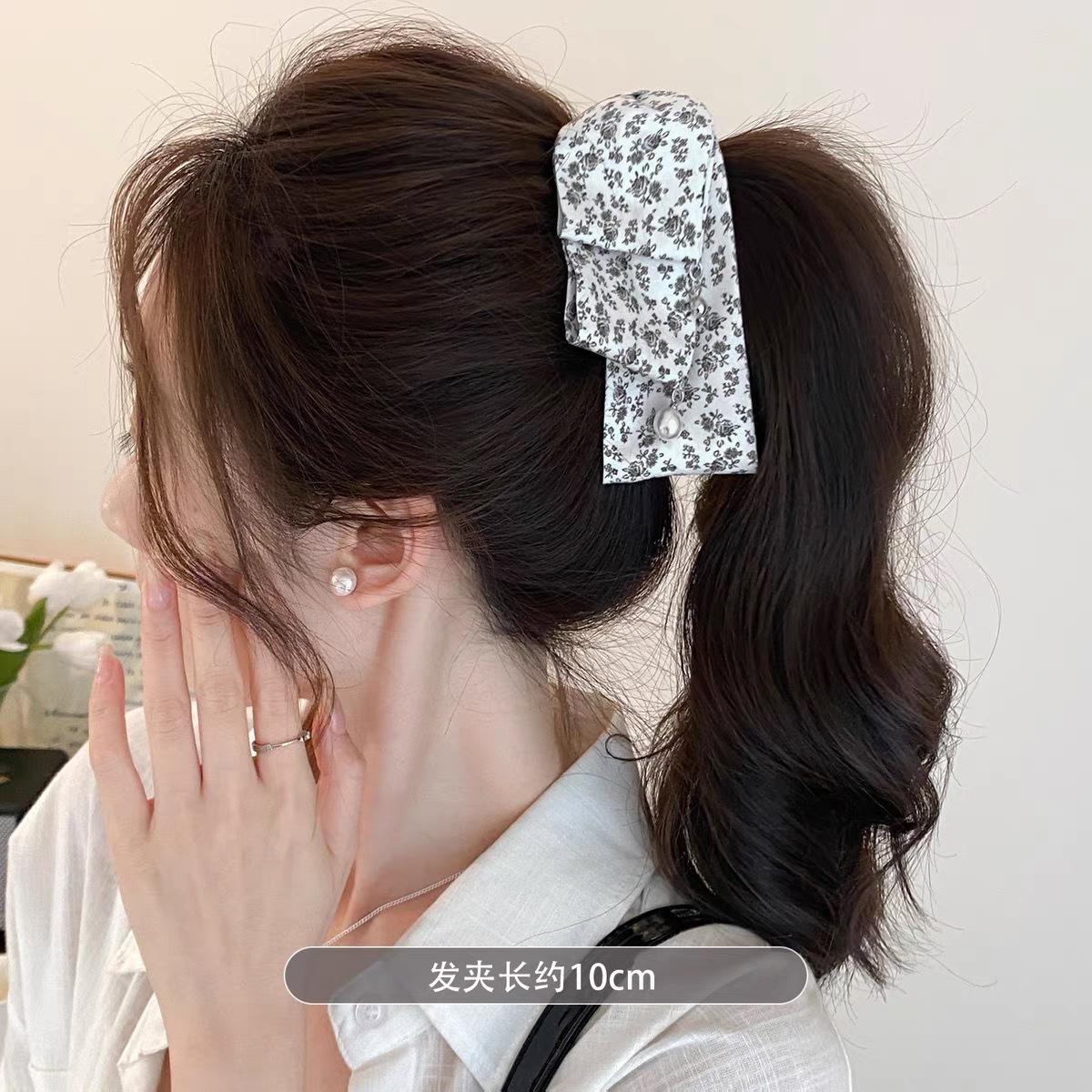 83# white floral double-layer bow silver bead banana twist hair clip - 10cm