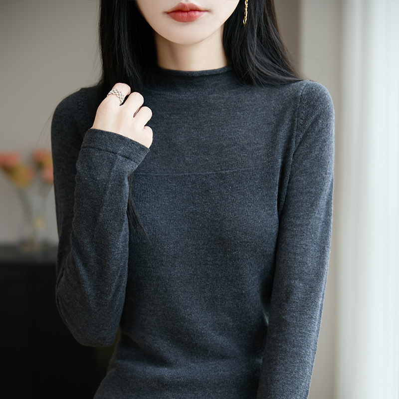 Minimalist, high-end, dark gray, long-sleeved, thin, base-layer, half-high collar, slim-fit, knitted sweater