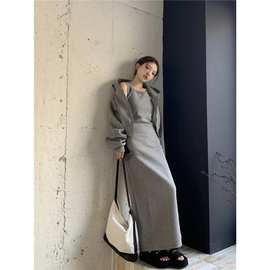 慵懒风套装女春季气质感灰色短款卫衣外套背心连衣裙两件套f1438