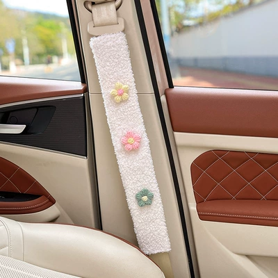 Wool, Non-Tightening, Non-Shedding, Extended Belt Covers | Seat belt shoulder pad - three-little-flowers-white-lambswool-shoulder-pad-49cm-single