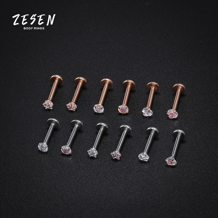 Cross-border new personalized zircon stainless steel lip nail lip ring European and American threaded inner tooth lip piercing jewelry wholesale
