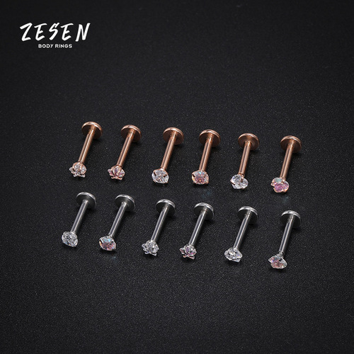 Cross-border new personalized zircon stainless steel lip nail lip ring European and American threaded inner tooth lip piercing jewelry wholesale