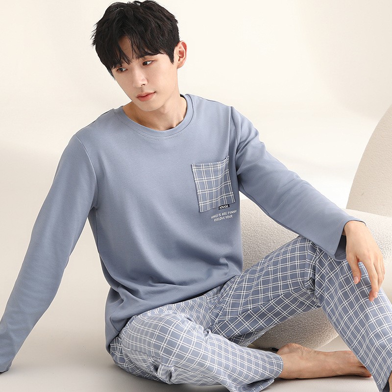 2025秋季新款男士套头睡衣中青年宽松大码印花6535棉家居服