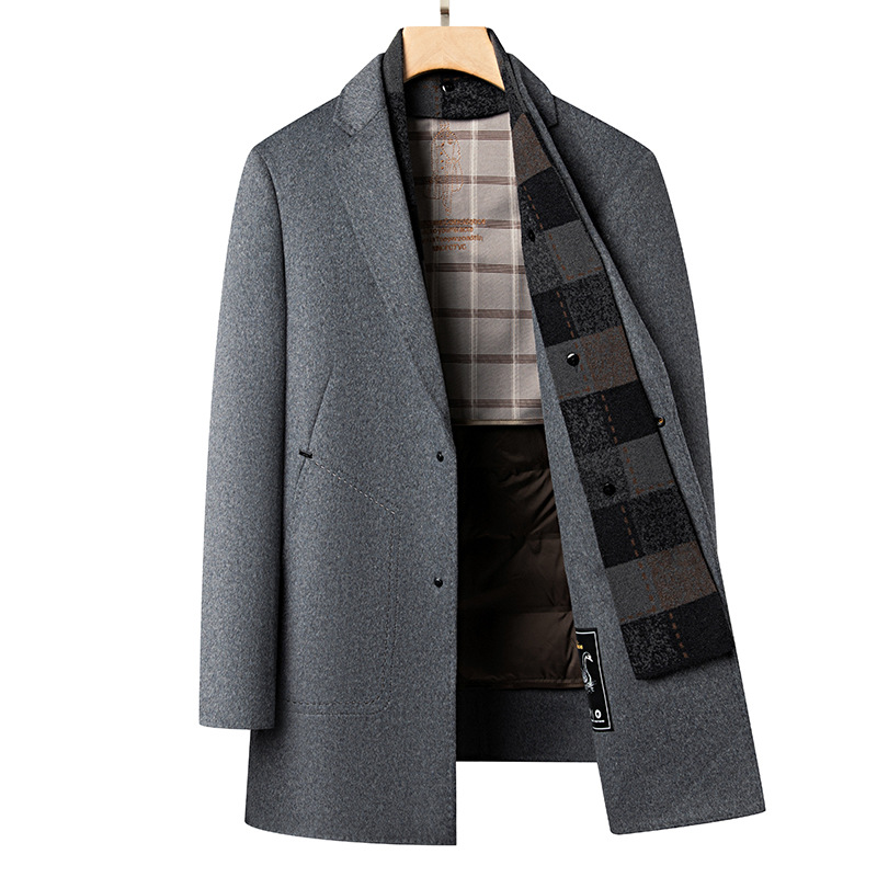 Autumn And Winter Men's Double-sided Wool Coat Scarf Collar Thickened Goose Down Lined Wool Coat Men's Clothing