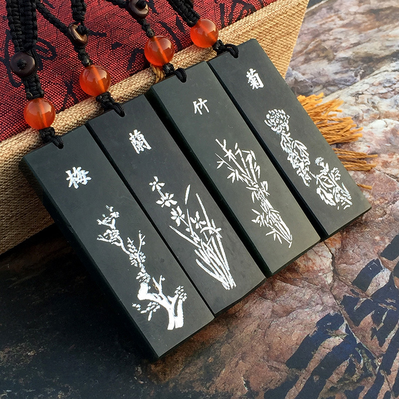 natural Nephrite  Pendant Merlin, bamboo and chrysanthemum Four gentlemen men and women Jade card mobile phone Pendant Jade No business card Necklace