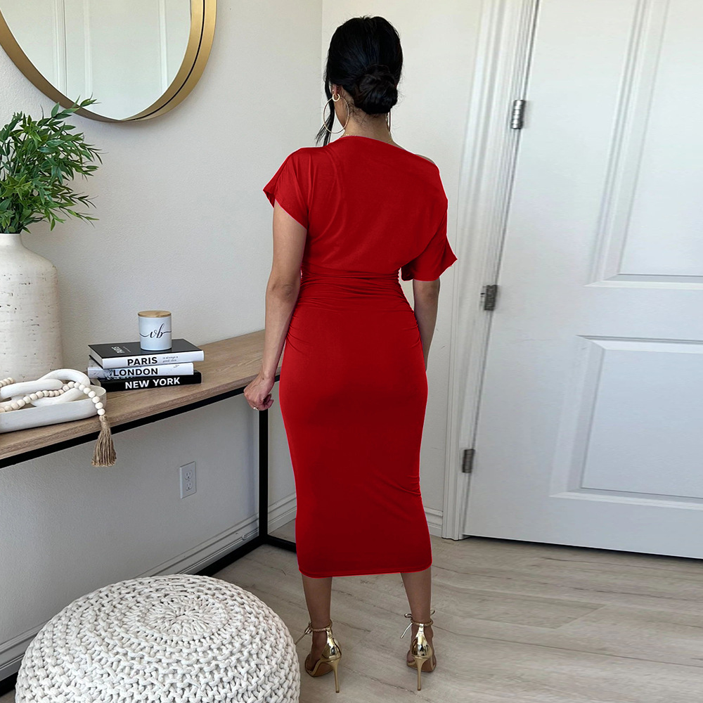 Women Clothing Popular Solid Color Pleated Slim-Fit Oblique Shoulder Dress 14 Women Clothing Popular Solid Color Pleated Slim-Fit Oblique Shoulder Dress