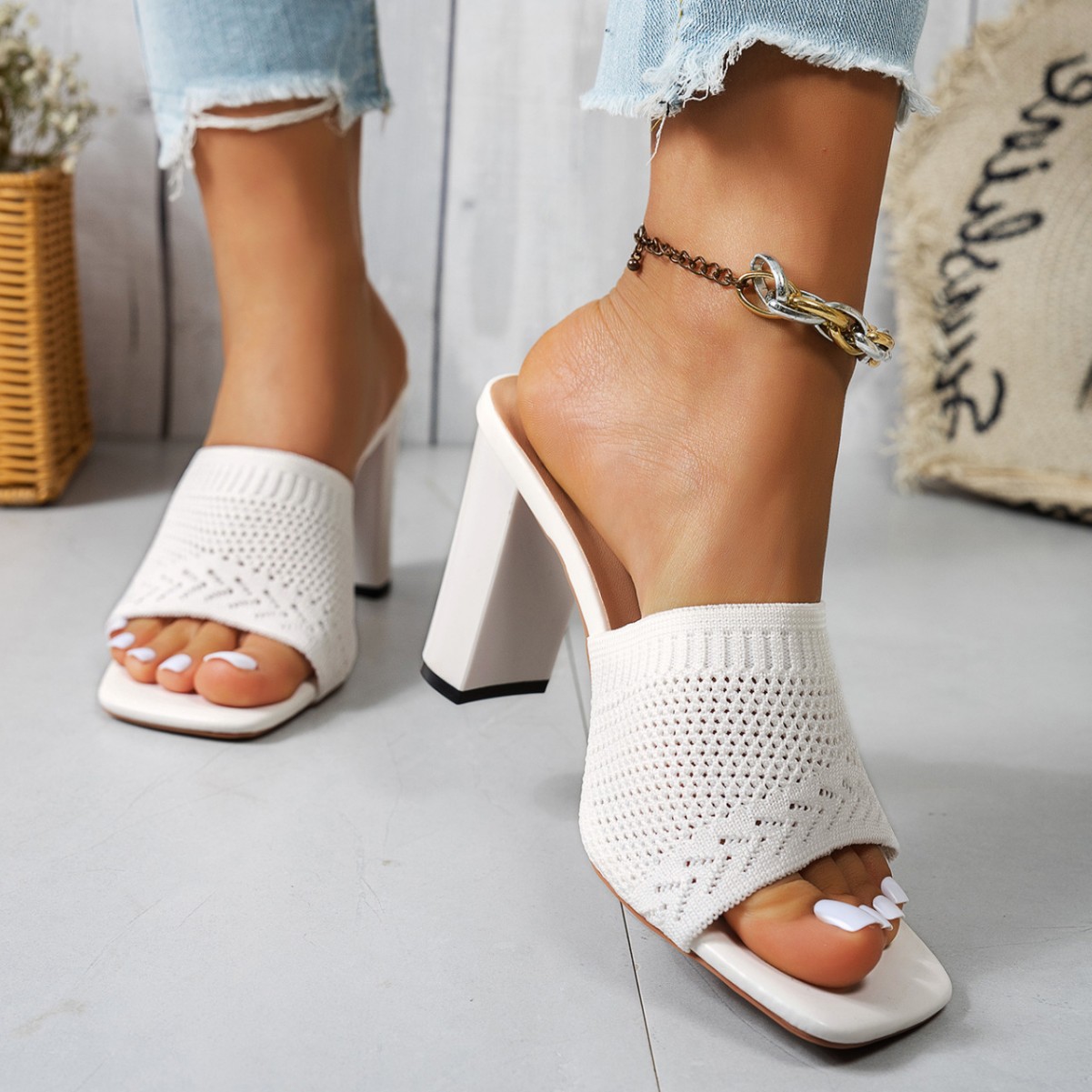 2025 Summer New Large Size Fly Knit High Women Knitted Chunky Heel European And American Cross-Border Fashion Women's_vogvips.com