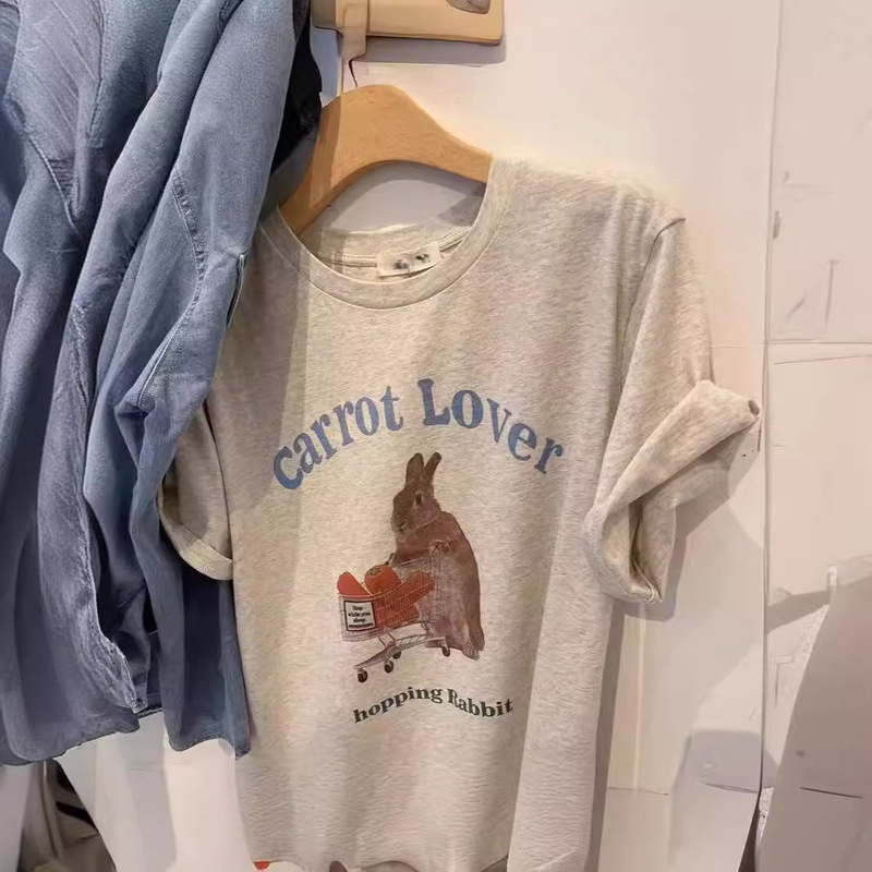 Hong Kong Style Age-reducing Vintage Cartoon Rabbit Printed T-shirt Women's Top Summer Distinctive Niche Inner Short-sleeve Base Shirt