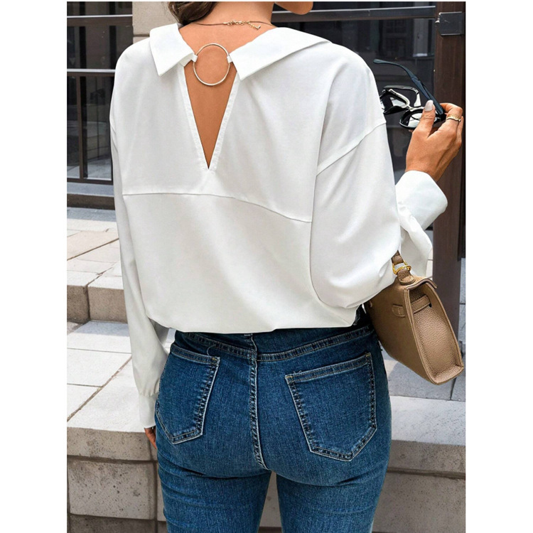 2026 Foreign Trade Amazon Hot-Selling Women's Casual Shirt with Metal Chain Collar, Color-Blocking, Backless, Long-Sleeve Design