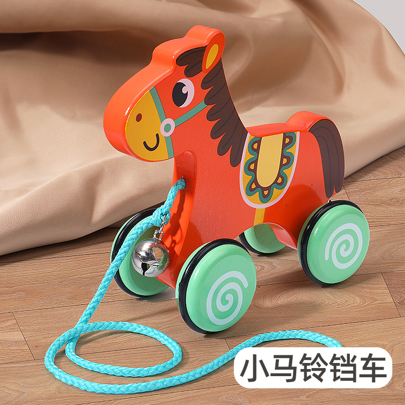 Coche de campana de animal de arrastre de madera real, cuerda de tracción manual, niño y niña, coordinación ojo-mano, juguete de coche de entrenamiento para niños pequeños