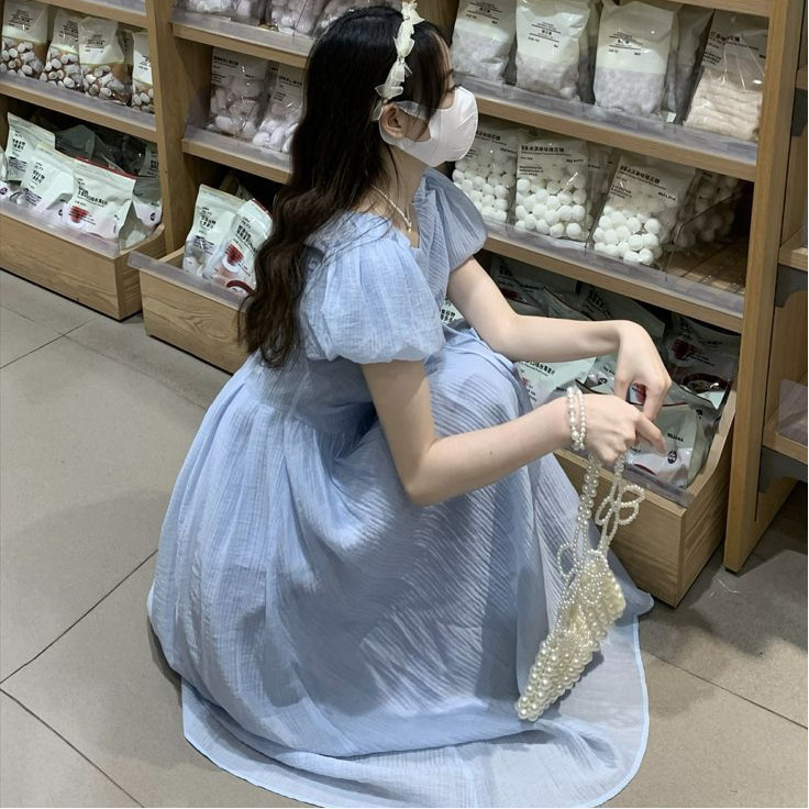 French Literary Style V Neck Blue Puff Sleeve Dress for Small Women, Fairy-Like Gentle Waist Long Skirt French Literary Style V Neck Blue Puff Sleeve Dress for Small Women, Fairy-Like Gentle Waist Long Skirt