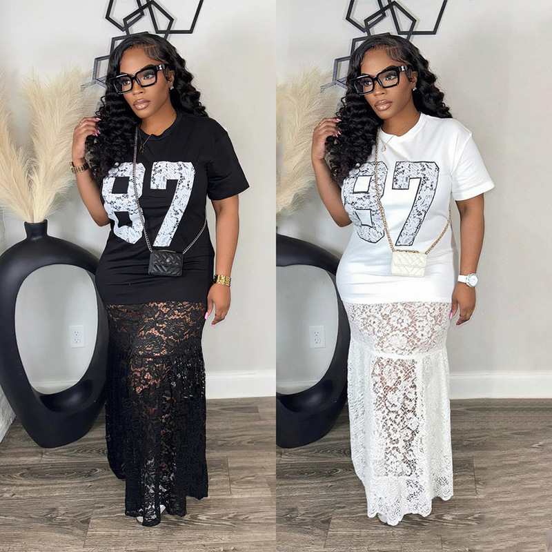 Cy901966 European and American Fashion Round Neck Printed Casual Dress Milk Silk Splicing Lace Long Skirt Fashion Women's Clothing