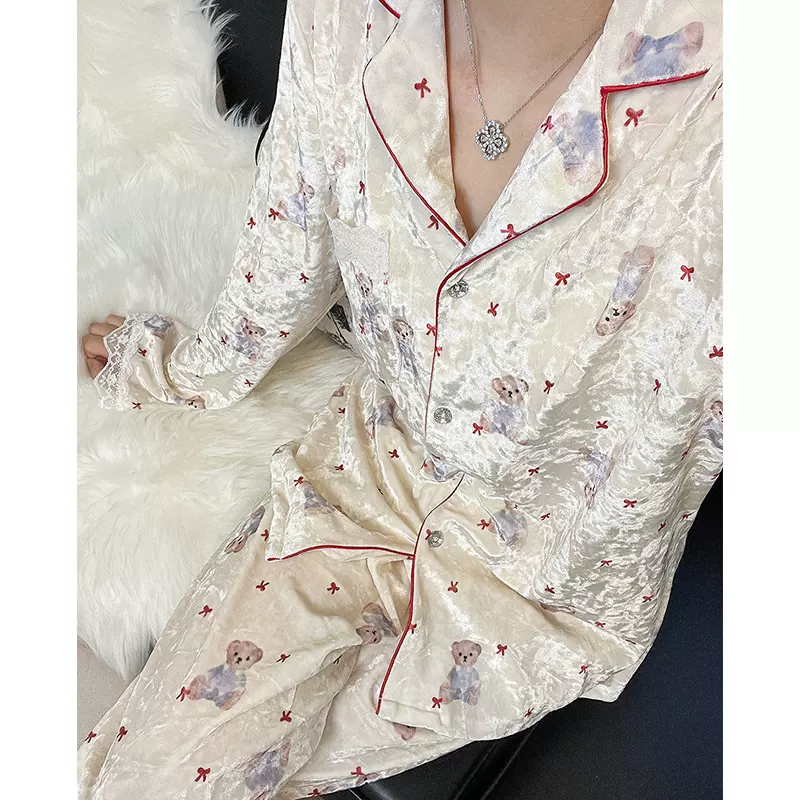 小红书晚安小熊韩系少女睡衣秋冬长袖长裤金钻绒家居服套装
