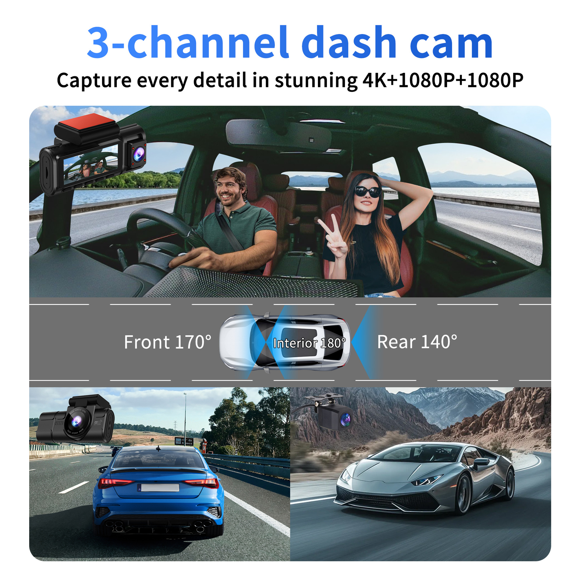 4K Ultra Hd Three Lens Driving Recorder Super Night Vision Wifi In-Car 180 ° Fish Eye 4K+1K+1K