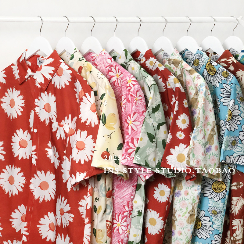 vintage vintage Daisy Short-sleeved Floral Shirt Men's ins Hong Kong Style Thai Hawaiian Shirt Couple Clothes