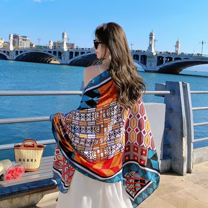 Sopa de satén de twill para mujeres 2025 bufandas de viento nacional de verano tibetanas bufandas de seda protector solar lago Qinghai turismo foto toalla de playa
