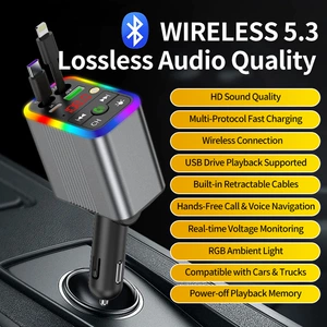 R3 car charger, Bluetooth MP3 receiver, starry sky ambient lighting, built-in retractable cable, fast charging, cross-border supply