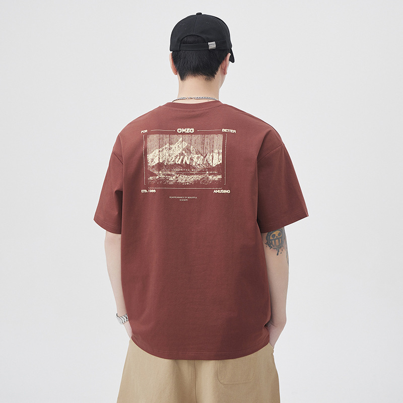 250g Heavy Round Neck Short Sleeve T-shirt Men's Tide Brand Mountain Printed Top Summer Loose Casual Half Sleeve T-shirt 250g Heavy Round Neck Short Sleeve T-shirt Men's Tide Brand Mountain Printed Top Summer Loose Casual Half Sleeve T-shirt