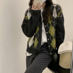 撞色菱格针织开衫女秋冬季复古日系ins韩系高级感慵懒风毛衣外套