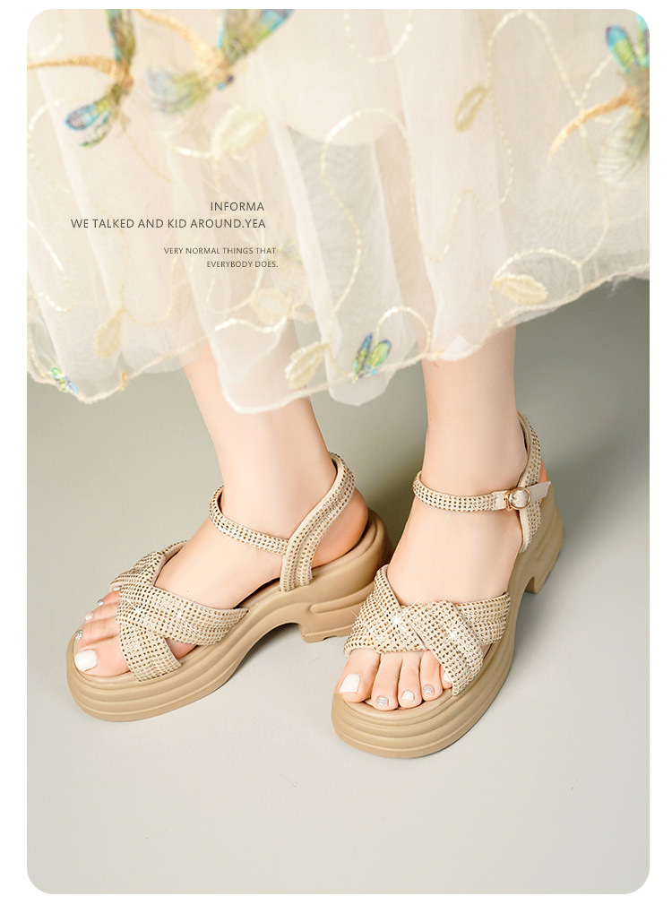 Sandal nữ đế dày đính đá phong cách La Mã, đế mềm tăng chiều cao — Màu đen chi tiết 11