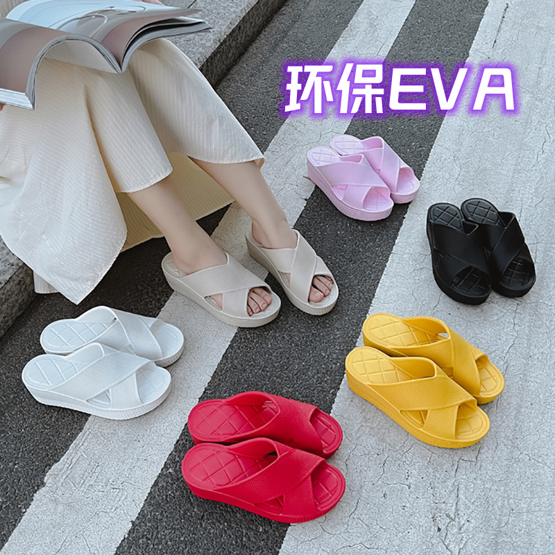 拖鞋女士外穿圆头坡跟新款夏季高跟厚底韩版ins潮EVA一字型凉