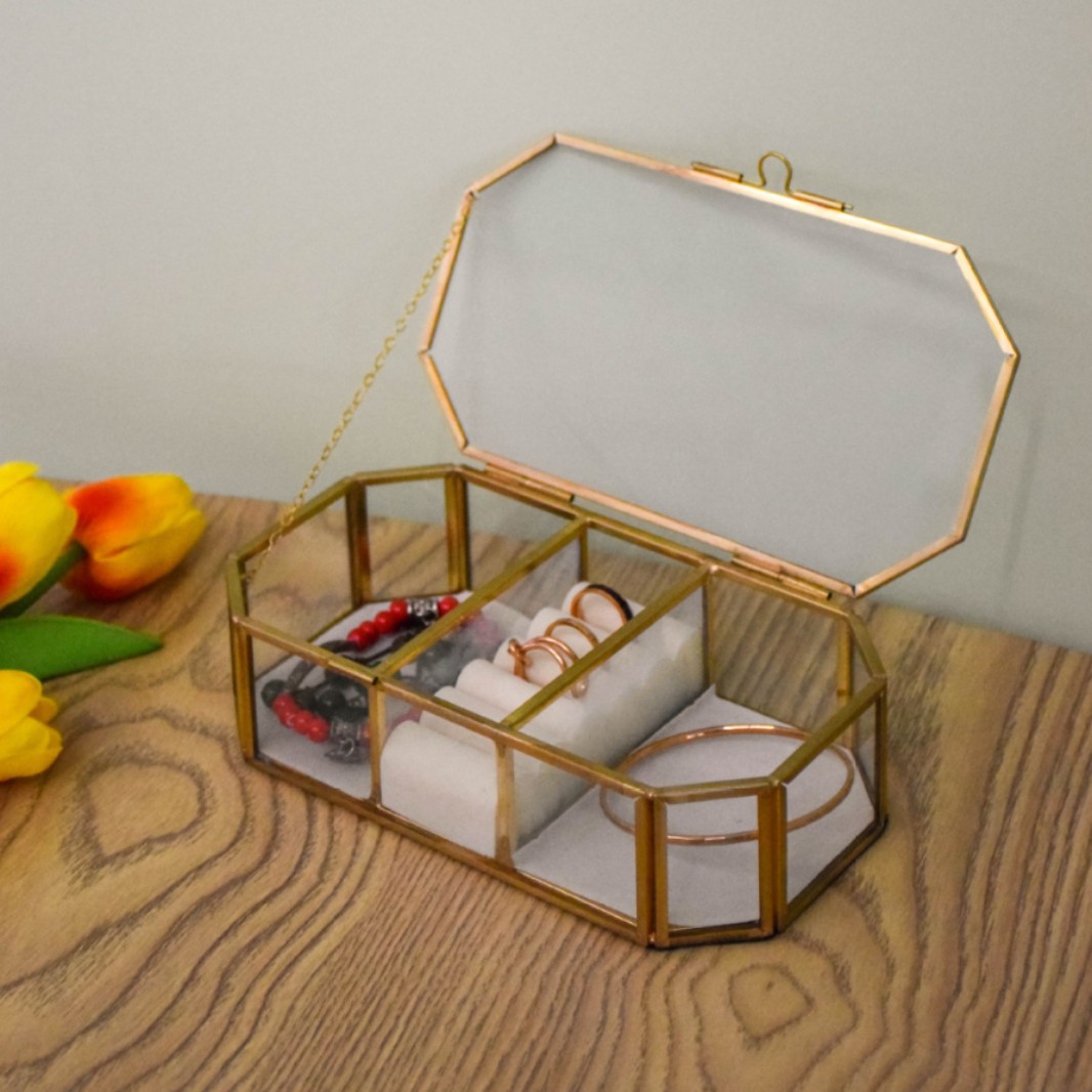 Caja de almacenamiento de joyas de vidrio con borde de cobre dorado hexagonal simple y exquisito, caja de regalo, caja de almacenamiento para el hogar, caja de almacenamiento de perlas