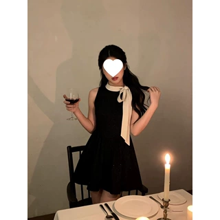 赫本风小黑裙洋气少女黑色礼服名媛时尚气质蝴蝶结无袖西装连衣裙