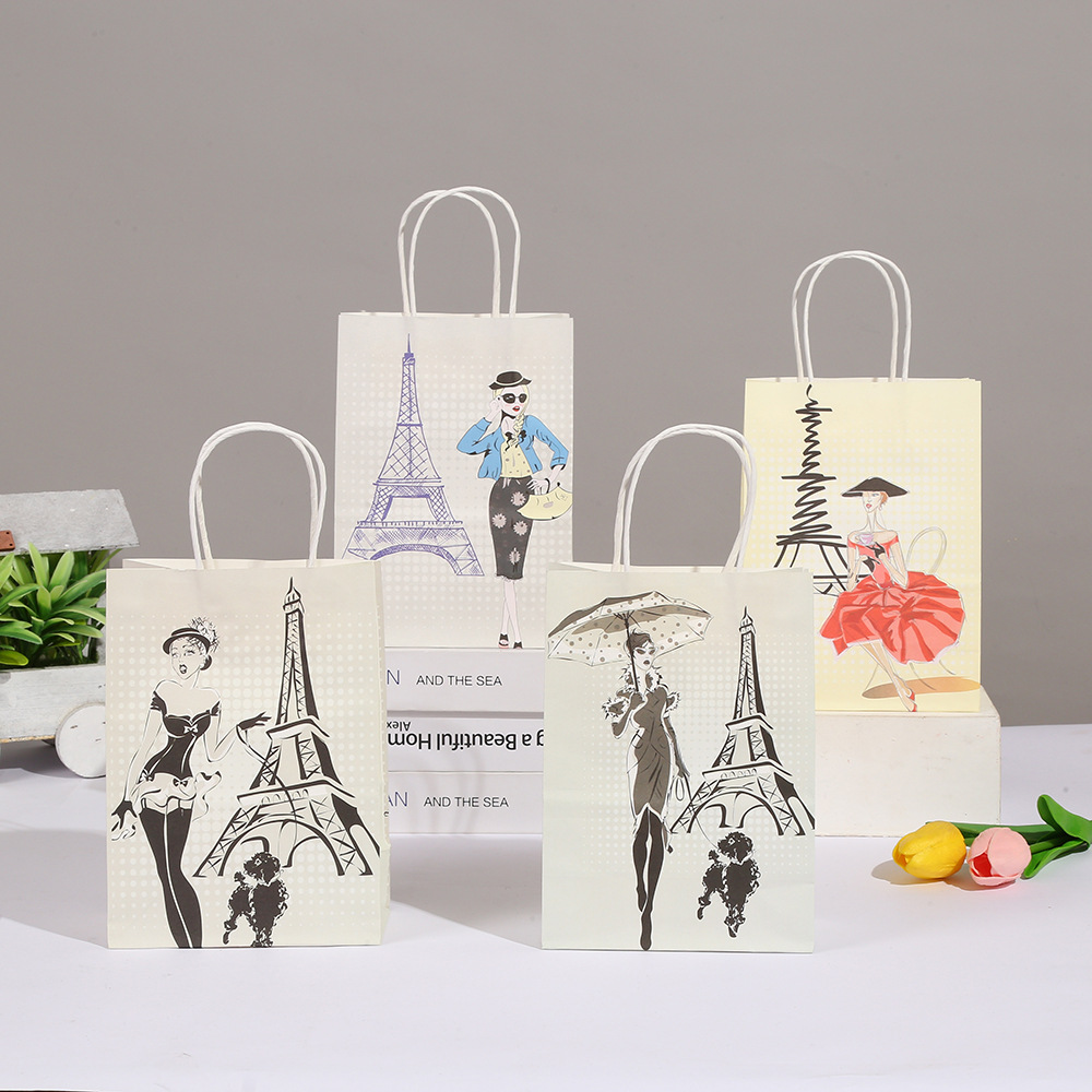 时尚巴黎铁塔彩色印刷白牛皮纸袋高级感手提纸袋生日礼物包装袋
