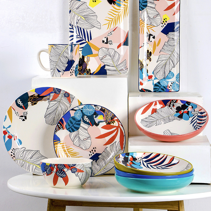 European and American Ceramic Western Food Plate Mediterranean Style Steak Soup Plate Household Deep Plate Underglaze Color Fruit Salad Plate