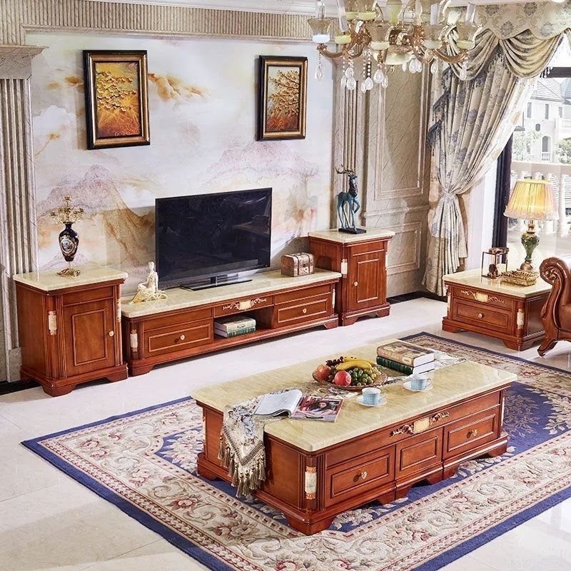 欧式大理石实木茶几电视柜小户型组合客厅套装天然凳子现代简约