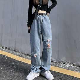 外贸女装设计感刺绣牛仔裤女2023新款裤子高腰宽松直筒阔腿裤长裤