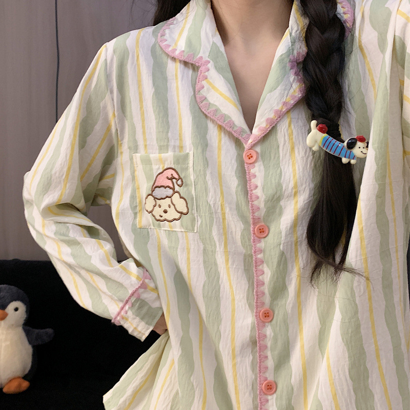 Spot Cross-Border Plus Size Pajamas for Women Cartoon Embroidered Puppy Spring and Autumn Long-Sleeved Color-Blocked Green Striped Home Clothes Set Spot Cross-Border Plus Size Pajamas for Women Cartoon Embroidered Puppy Spring and Autumn Long-Sleeved Color-Blocked Green Striped Home Clothes Set