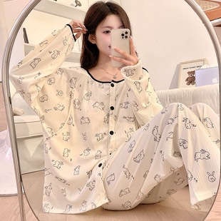 Pure Cotton Wrinkled Cloth Spring and Summer Thin Style Postpartum Clothing with Breast Pads Spring and Autum Postpartum Maternity Pajamas for Breastfeeding Mothers