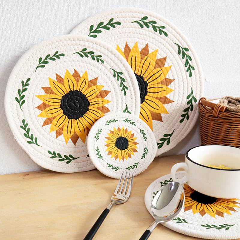 Pastoral Style Round Cotton Rope Woven Printed Sunflower Placemat Cotton Rope Insulation Mat Thickeneded Dining Table Mat Plate Mat