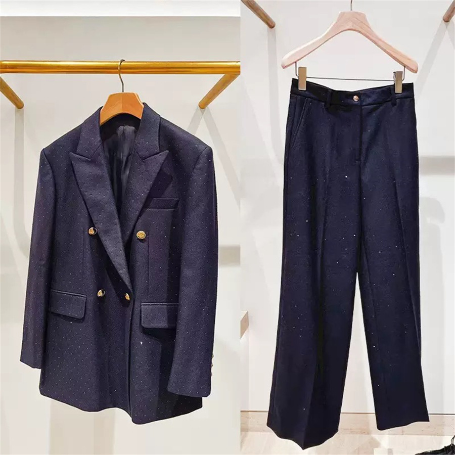 法式小众 2026秋冬烫钻戗驳领双排扣正肩西服阔腿长裤套装