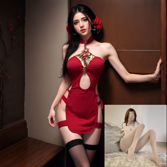 빨간 치파오 + 흰색 가랑이 없는 양말